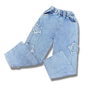 SHEIN Kids Light Blue Star Ripped Elastic Waist Jeans Size 12 Straight